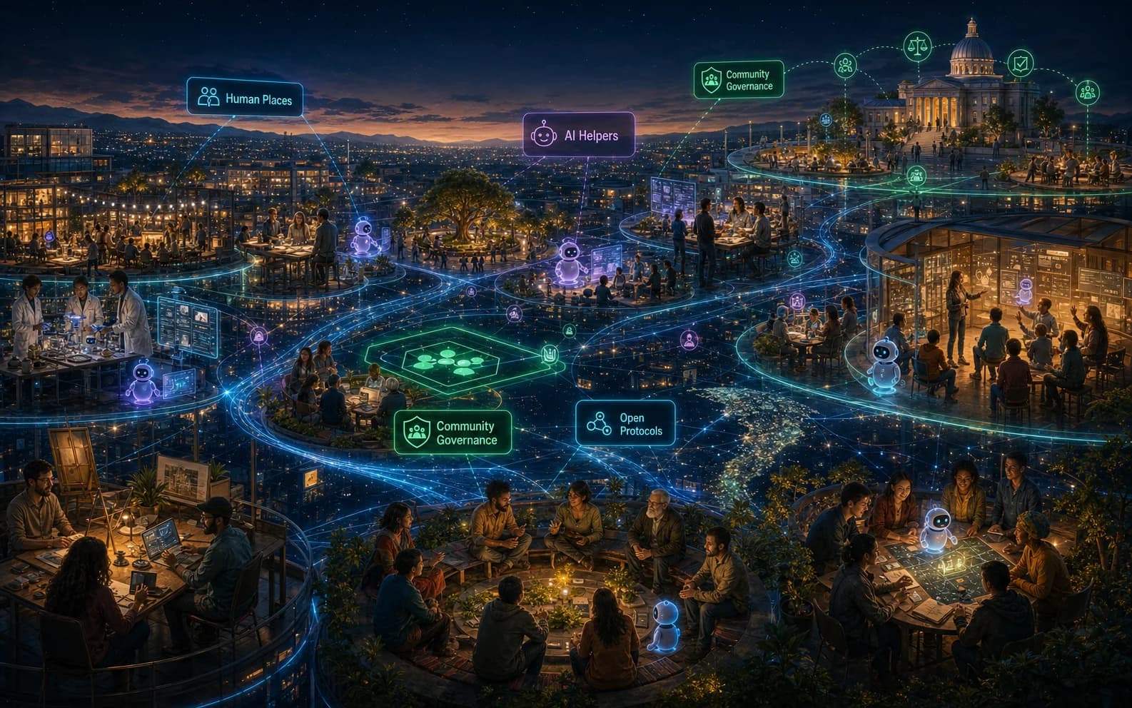 A layered civic Internet city contains many human places and community-governed spaces, with small AI helpers moving among them rather than controlling them.