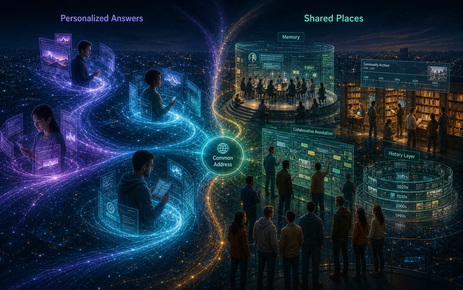 Personalized answer streams surround isolated individuals on one side, while shared forums, archives, annotation spaces, and history layers persist on the other.