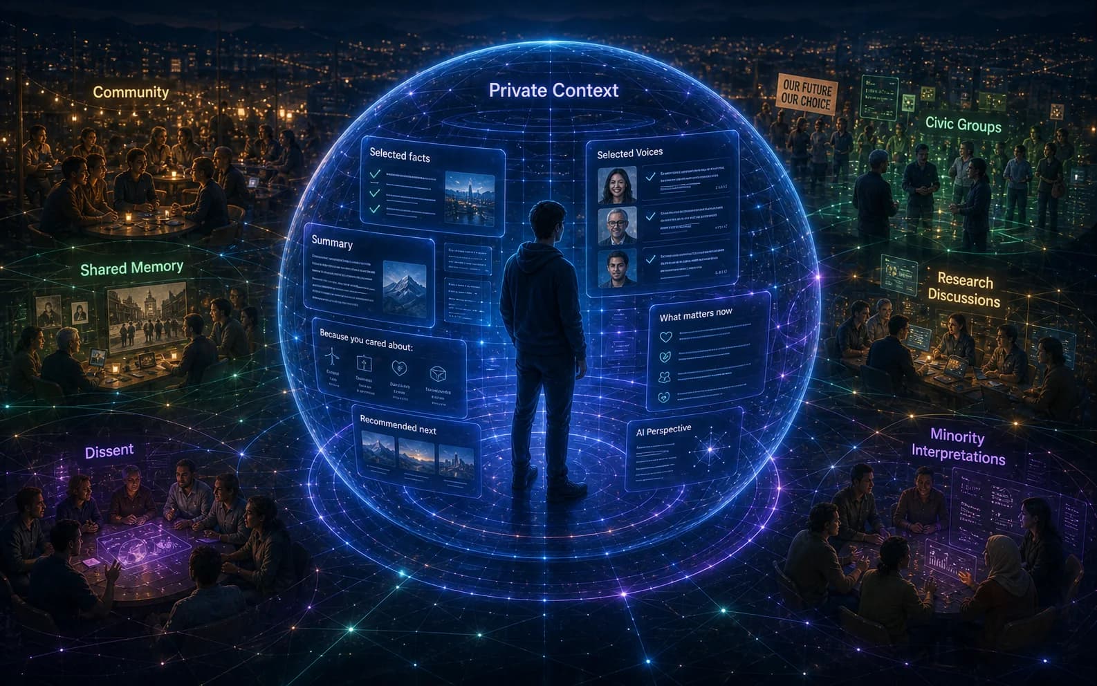 A person stands inside a transparent AI context sphere while surrounding communities, dissenting views, shared memories, and research discussions remain outside the filter.