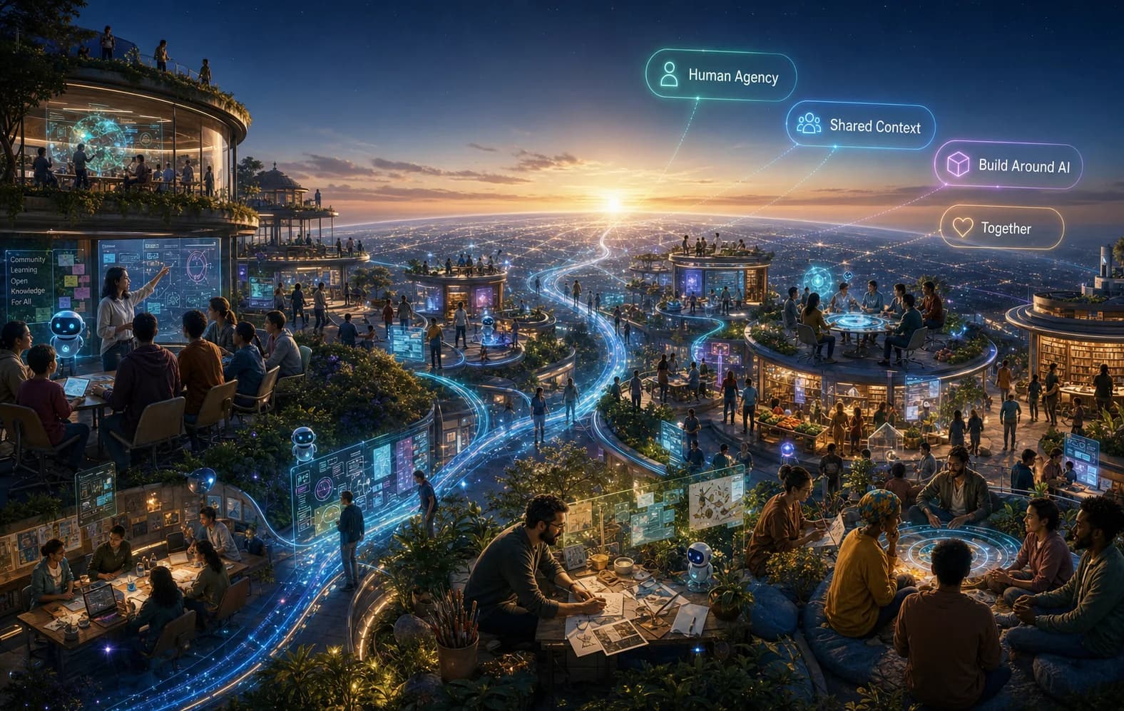 At sunrise over a planetary web, people build and inhabit layered digital civic spaces while small AI helpers support classrooms, forums, studios, libraries, markets, and governance circles.
